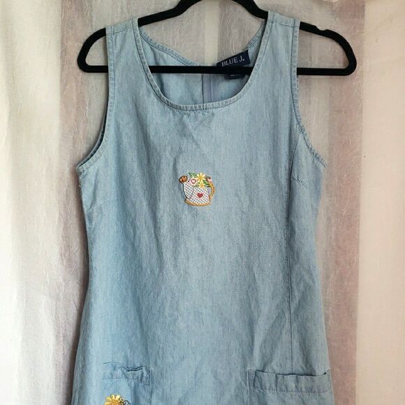 Vintage Blue J Denim Sleeveless Dress Farmhouse Flowerpot Country Modest Women L - Picture 2 of 10